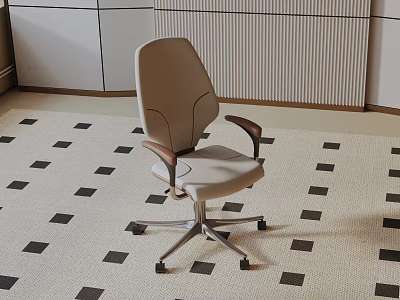 Beige Leisure Chair With Wooden Armrests Metal Wheel Base And Modern Patterned Carpet Design 3d model