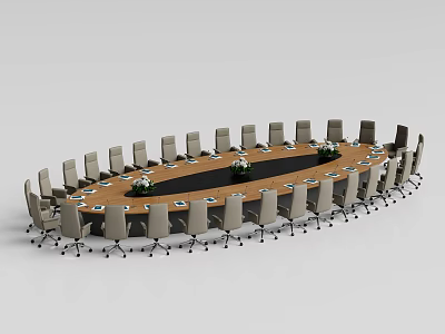 Modern Oval Conference Table Design With Multiple Chairs And Floral Centerpieces 3d model