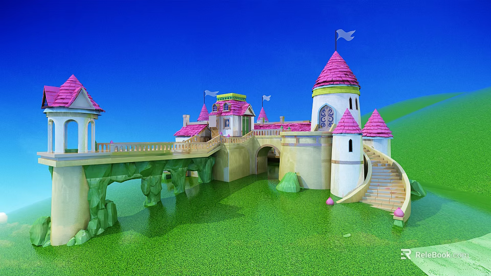 Colorful Cartoon Fairy Tale Castle with Pink Spires Bridge and Green Grass Under Blue Sky 3d model 