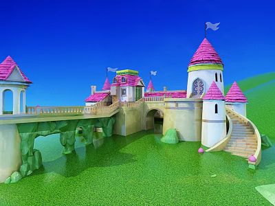 Colorful Cartoon Fairy Tale Castle with Pink Spires Bridge and Green Grass Under Blue Sky 3d model