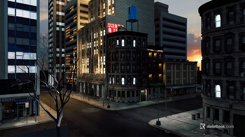 Urban Commercial Street With Tall Buildings Evening Lights And Storefronts 3d model 