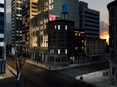 Urban Commercial Street With Tall Buildings Evening Lights And Storefronts 3d model