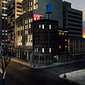 Urban Commercial Street With Tall Buildings Evening Lights And Storefronts