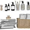 Minimalist Modern Bathroom Accessories With Soap Dispensers Toothbrushes Towels Brushes And Storage Baskets On Shelf