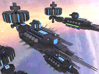 Futuristic Space Fleet With Mechanical Structures And Blue Lights In Cosmic Background 3d model