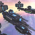 Futuristic Space Fleet With Mechanical Structures And Blue Lights In Cosmic Background