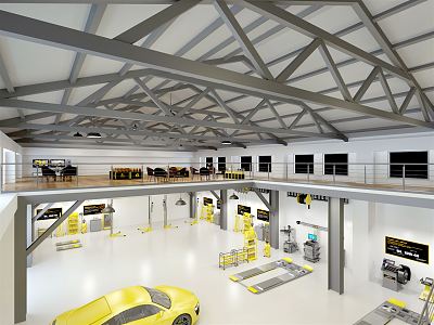 Top view of modern car wash shop warehouse changed to car repair shop 3d model