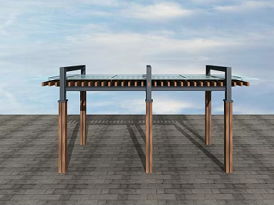 Modern Outdoor Pergola with Wooden Posts and Glass Top on Paved Ground 3d model