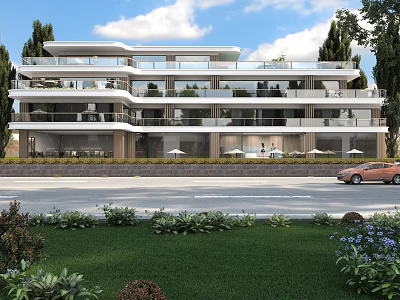 Modern Multistory Guesthouse Building With Multiple Balconies Lush Greenery And Front Lawn 3d model