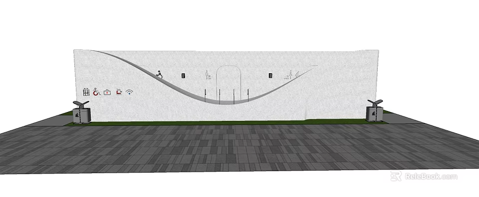 Modern Public Toilet Exterior Design With White Wall Curved Structure Green Lawn And Paved Ground 3d model 