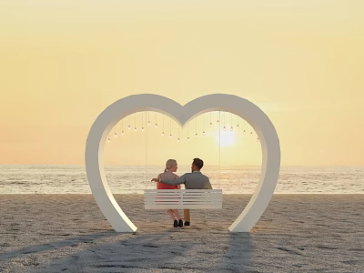 Heart Shaped Swing Amusement For Couples On Beach During Sunset 3d model