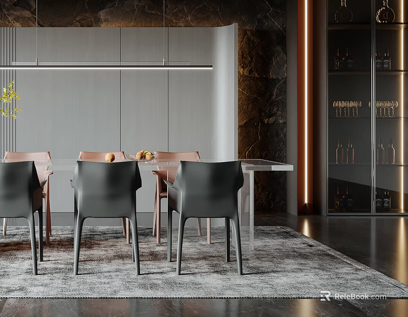Elegant Modern Restaurant Dining Table With Chairs Marble Wall And Wine Cabinet Rug 3d model 