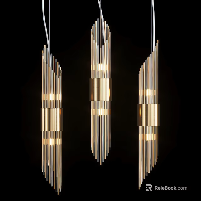Three Modern Metal Chandeliers With Vertical Stripes And Warm Light Design 3d model