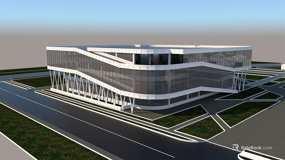 Modern Architectural Building With Glass Facade And Unique Structural Design Elements 3d model