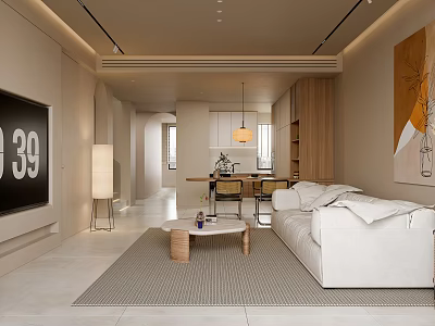 Modern Living and Dining Room Interior With White Sofa Wooden Coffee Table and Dining Set 3d model