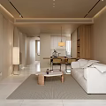 Modern Living and Dining Room Interior With White Sofa Wooden Coffee Table and Dining Set