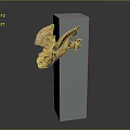Mystical Game Movie Character Golden Sculpture Spreading Wings On White Cubic Pedestal