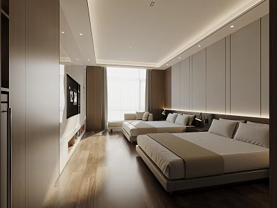 Modern Hotel Room Interior With Twin Beds Wooden Floor And Recessed Lighting 3d model