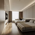 Modern Hotel Room Interior With Twin Beds Wooden Floor And Recessed Lighting
