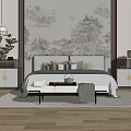 Elegant Double Bed With Traditional Chinese Wall Mural Bedside Tables And Decorative Pillows