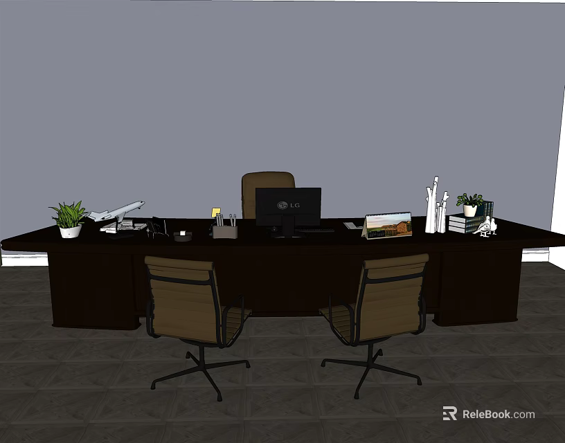 Functional Office Desk Setup With Computer Documents Potted Plant Table Lamp And Chairs 3d model