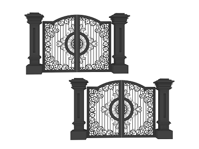 Traditional Ornate Wrought Iron Double Gates With Decorative Designs And Pillars 3d model
