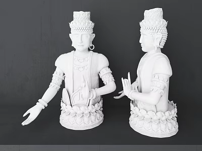 Two white decorative sculptures with headdress earrings and lotus base 3d model
