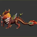 Game Movie Mythical Character With Red Yellow Fur Flaming Horns Green White Decorative Patterns