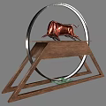 Elegant Ornamental Decoration Set With Copper Bull On Wooden Platform And Silver Circular Ring