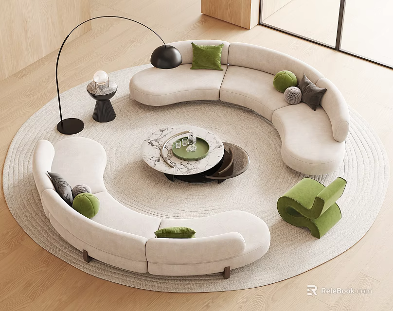Circular Beige Sofa Coffee Table Set With Green Cushions And Floor Lamp 3d model 