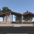 Wooden Pergola With Sloped Roof In Community Area Surrounded By Trees And Rest Benches