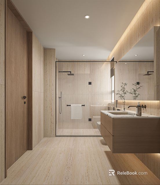 Modern Hotel Bathroom Interior With Glass Shower Wooden Vanity And Mirror Lighting 3d model 