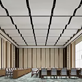 Modern Conference Room Interior With Black Linear Ceiling Large Screen Windows And Long Table 3d model