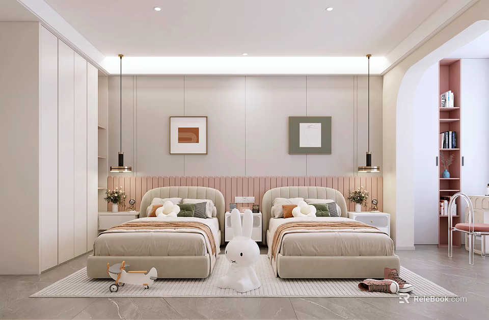 Modern Kids Bedroom Interior With Two Beds And Cozy Decor 3d model 