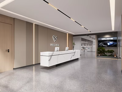 Modern Reception Desk Interior Design With White Marble Counter And Logo Sign 3d model