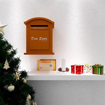 Orange Santa Mailbox With Dear Santa Label On White Shelf Near Christmas Tree And Gifts 3d model