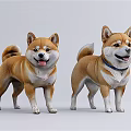 Two Shiba Inu Statues With Brown White Coat And Blue Collar Standing On White Background