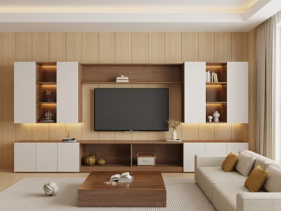 Modern Wood And White TV Background Cabinet With Multiple Storage Spaces And Warm Lighting Design 3d model