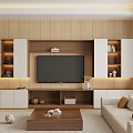 Modern Wood And White TV Background Cabinet With Multiple Storage Spaces And Warm Lighting Design