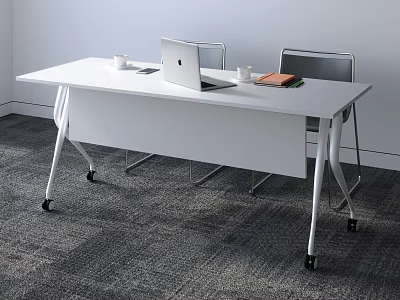 Modern White Conference Table With Wheels Laptop Coffee Cups Notebook And Gray Chairs 3d model