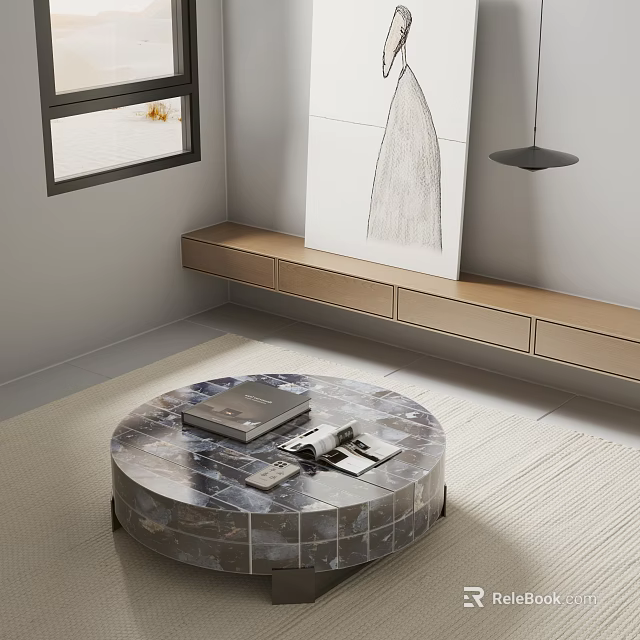Modern Round Marble Coffee Table In Living Room With Books Remote Controls And Wooden Shelf 3d model 