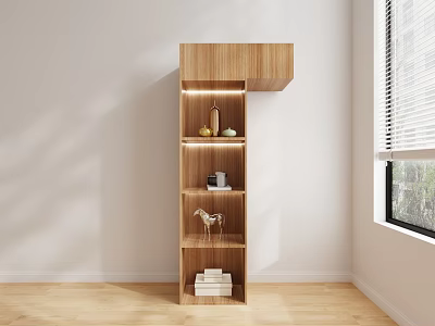 Modern Minimalist Wooden Bookcase With Multiple Shelves Books And Decor In Room Corner By Window 3d model