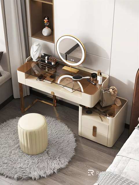 Modern Dressing Table With Round Ring Light Mirror Glass Top Drawers Beige Stool And Cosmetics 3d model 