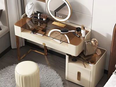Modern Dressing Table With Round Ring Light Mirror Glass Top Drawers Beige Stool And Cosmetics 3d model
