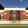Residential Courtyard With Red Brick Buildings Tall Structure Green Lawn And Bronze Sculptures