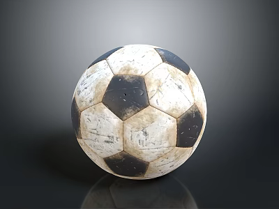 Vintage Black And White Soccer Ball With Worn Texture On Dark Reflective Surface 3d model