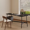 Home Study Space With Black Desk Wooden Chair White Cushion Table Lamp And Green Plants