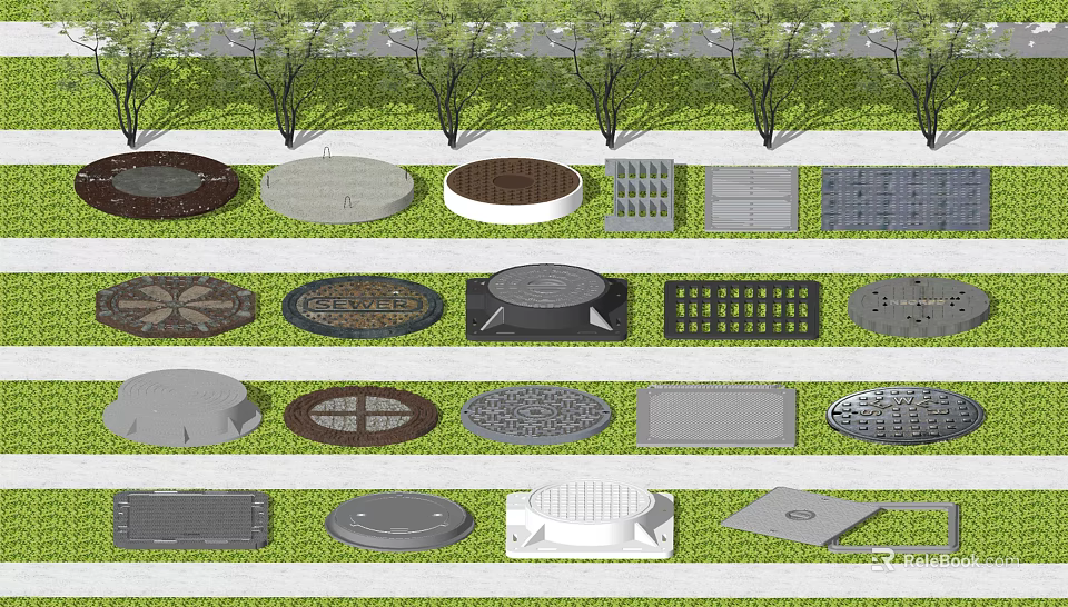 Road Infrastructure Featuring Various Types of Manhole Covers and Grate Designs 3d model 