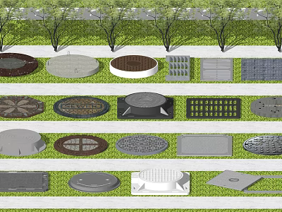 Road Infrastructure Featuring Various Types of Manhole Covers and Grate Designs 3d model