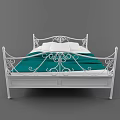 White Iron Double Bed with Ornate Design Green Blanket and White Pillows